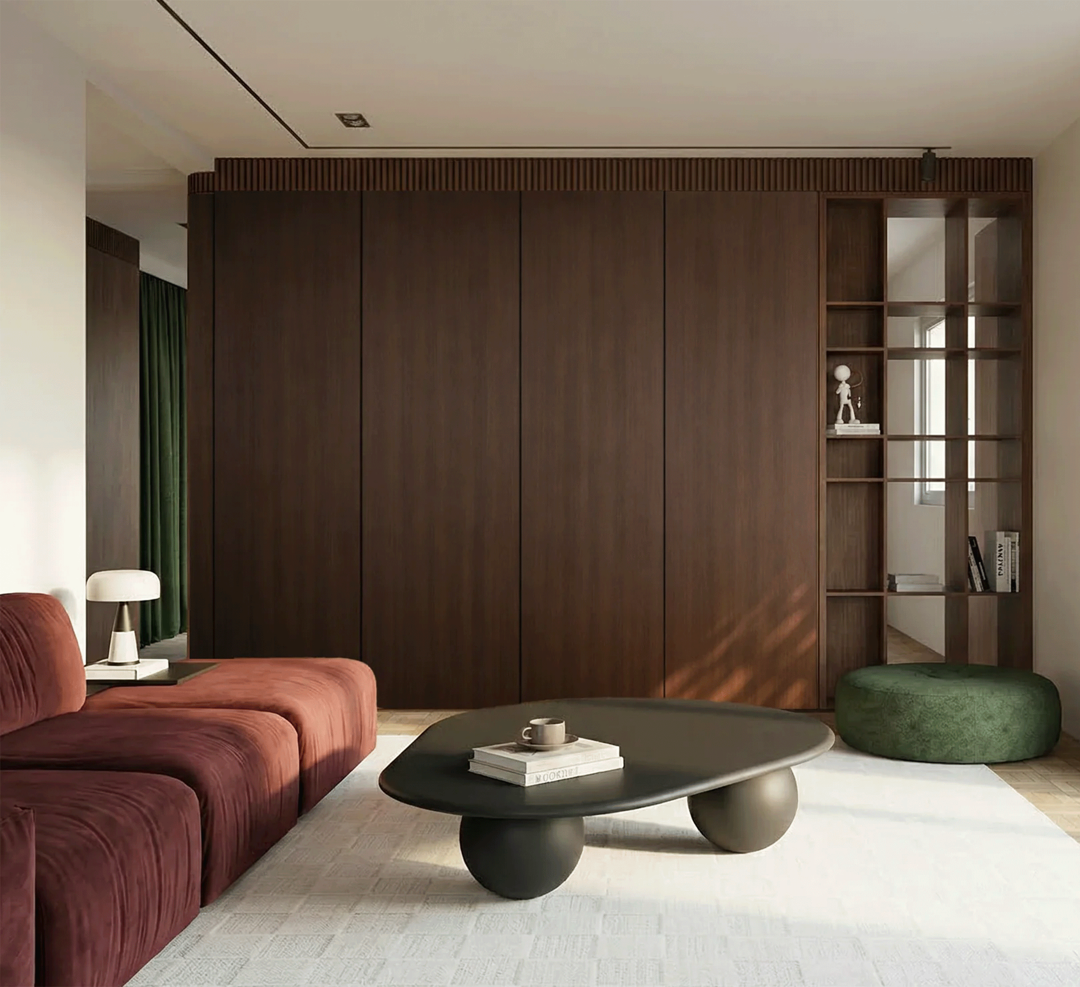 wazemmes_interieur_salon_meuble_tv_ouvert_amenagement_buffet_bibliotheque_canape_tapis_noyer_integré_dissimulé_japandi_lille