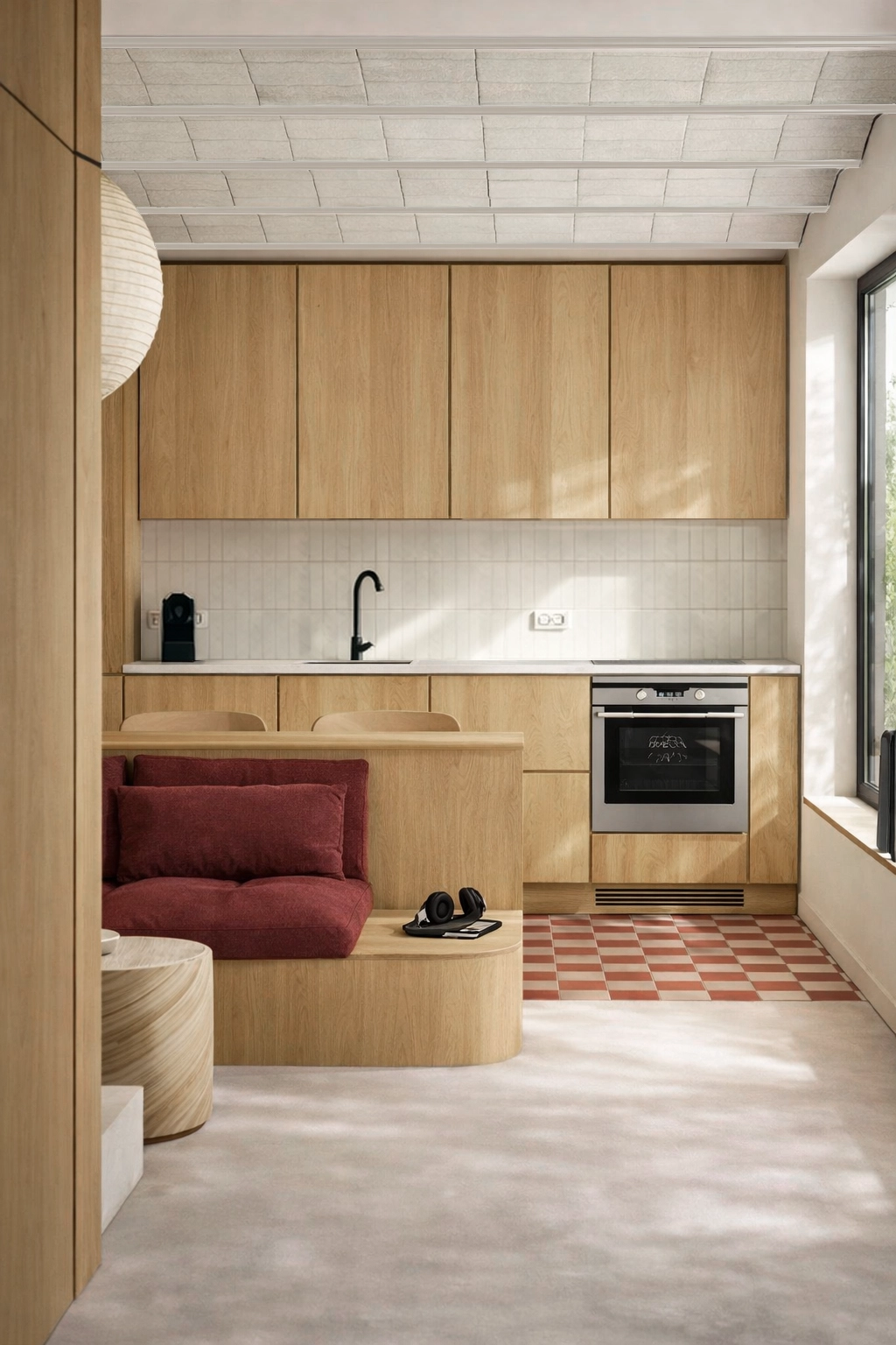 lesquin_entree_sejour_location_design_interieur_architecture_decoration_aménagement_couleurs_rouge_bois_composition_vue