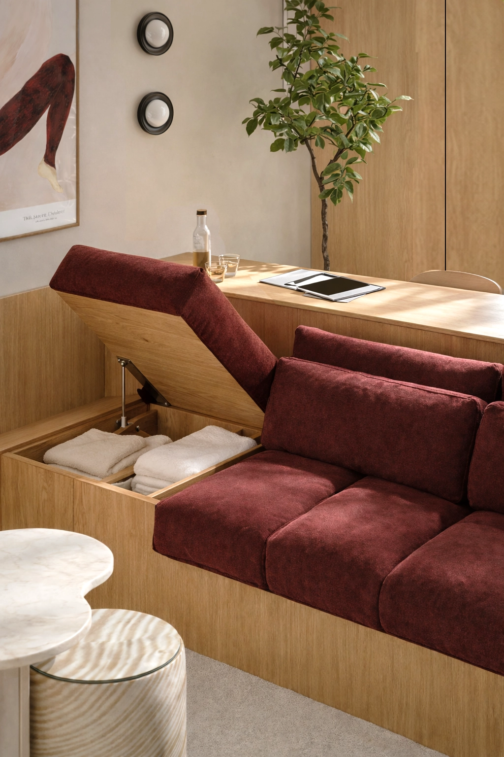 lesquin_salon_canape_coffre_location_design_interieur_architecture_decoration_aménagement_couleurs_rouge_bois_composition_vue