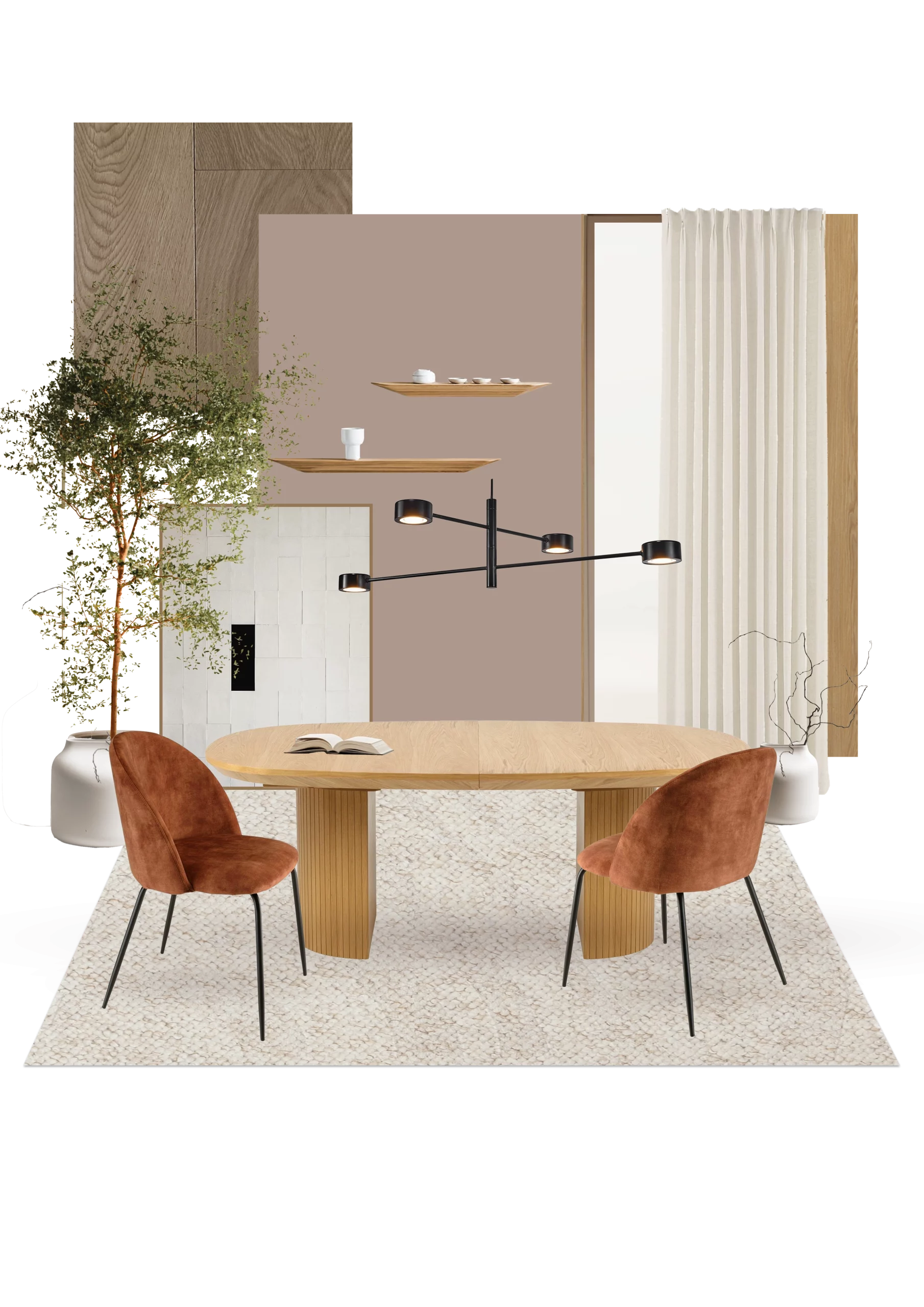 collage_teteghem_salle à manger_chene_velours_brun_japandi_compo_design