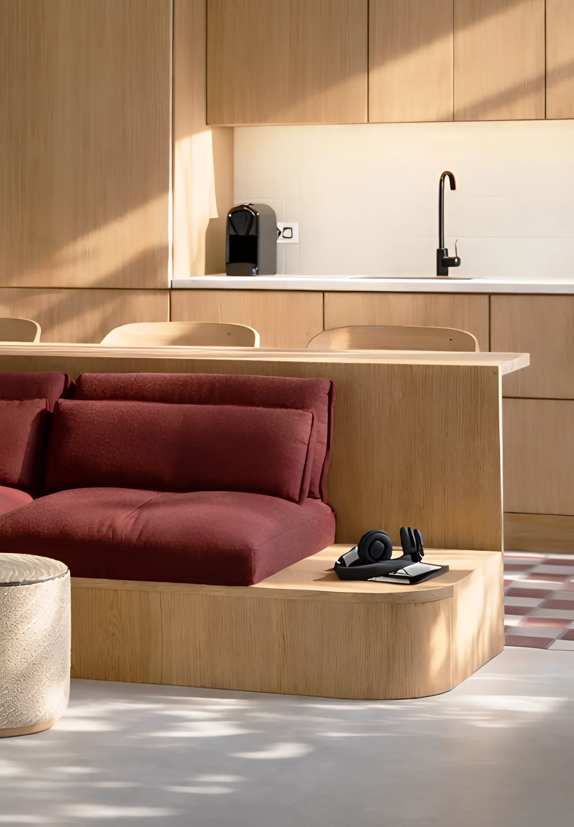 lesquin_salon_cuisine_coin_repas_bois_chene_bordeaux_ikea_surmesure_closeup_pouf_lille_compo_desing_interieur_amenagement_studio_location_appartement_agencement_decoration