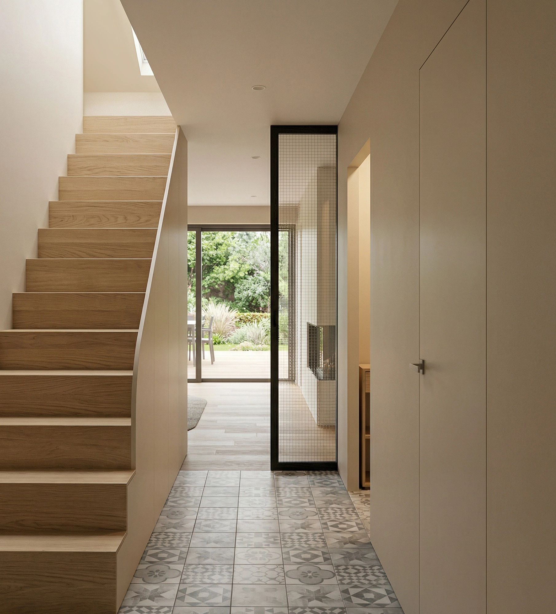 teteghem_entrer_escalier_chene_carreaux_ciment_baie_vitree_vestiaire_couloir_pallier_cheminee