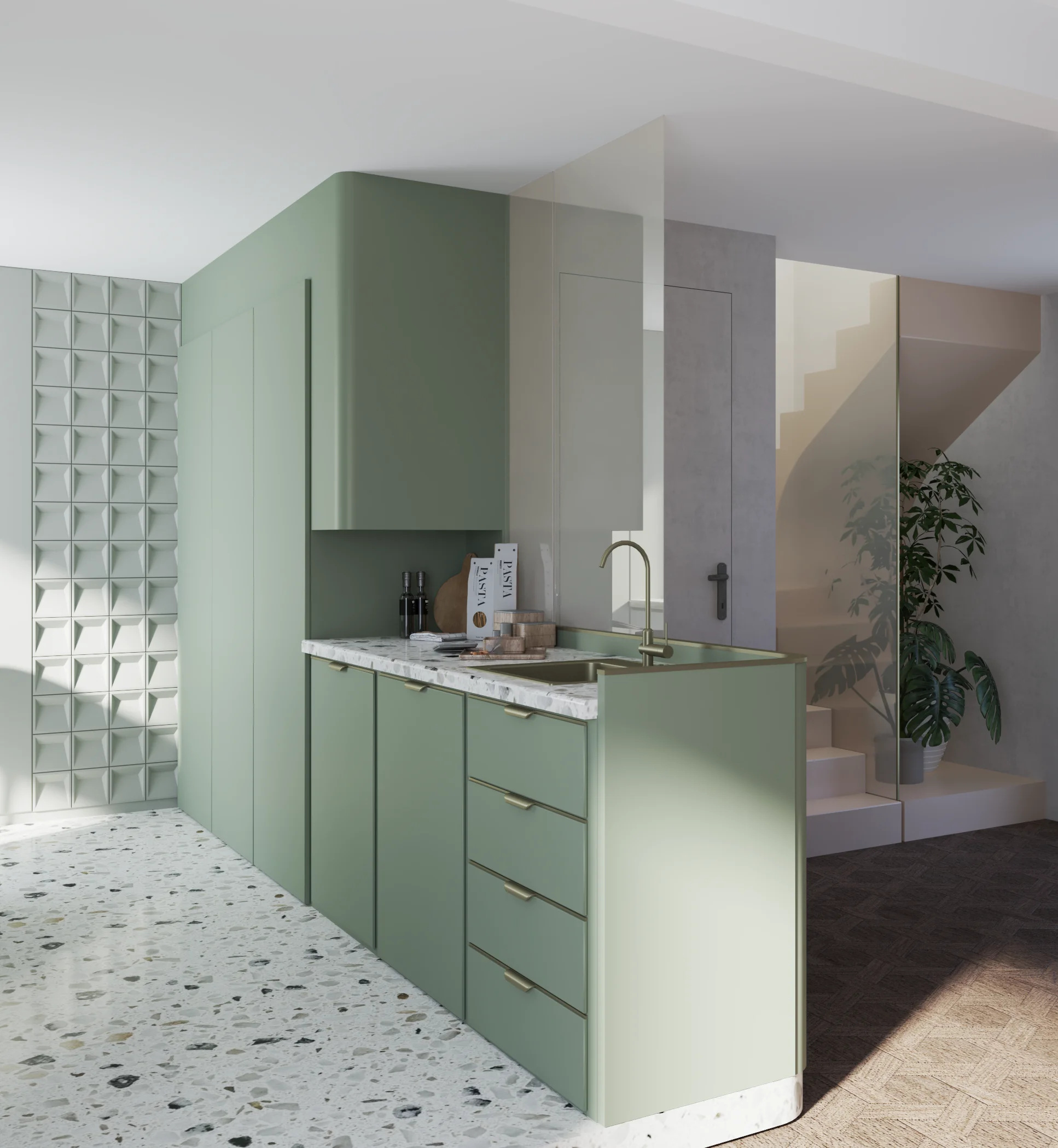 villeneuve_cuisine_sejour_buanderie_coin_repas_terrazzo_ouvert_scandinave_couleurs_vert_bois_bibliotheque_rangements_ouvert_appartement_entree_escalier