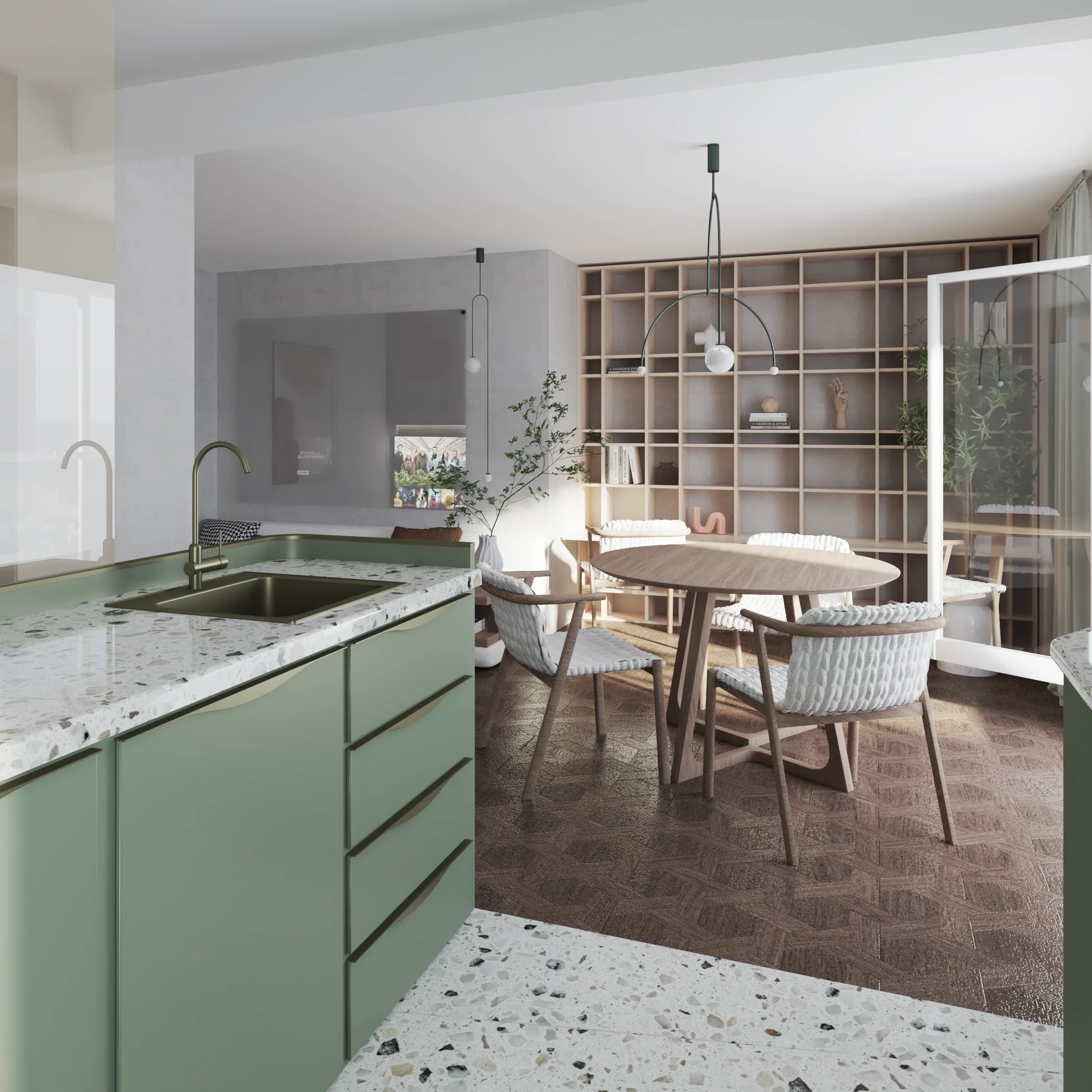 villeneuve_cuisine_sejour_salle_manger_ouvert_scandinave_couleurs_vert_bois_bibliotheque_rangements_ouvert_appartement